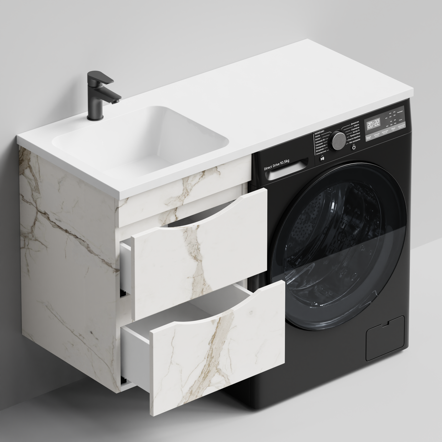 Тумба Vod-ok 48 с раковиной Смайл 110 подвесная, под стиральную машину, левая, Мрамор Белый натур милк