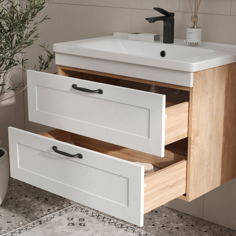 Тумба с раковиной EQUIL Lago 80 подвесная, 2 ящика, белый/дуб сонома