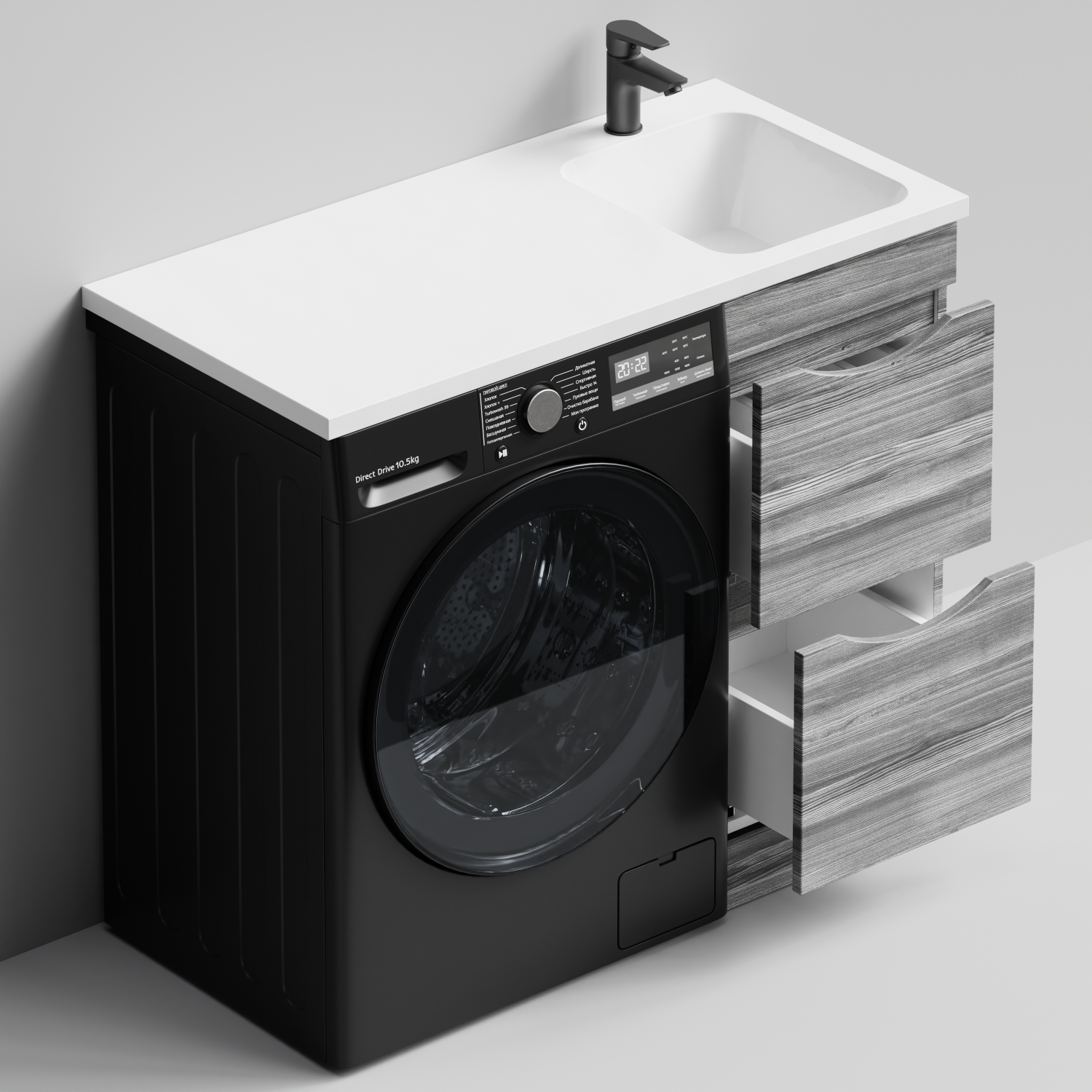 Тумба Vod-ok 38 с раковиной Смайл 100 напольная, под стиральную машину, правая, Лиственница структурная контрастно-серая
