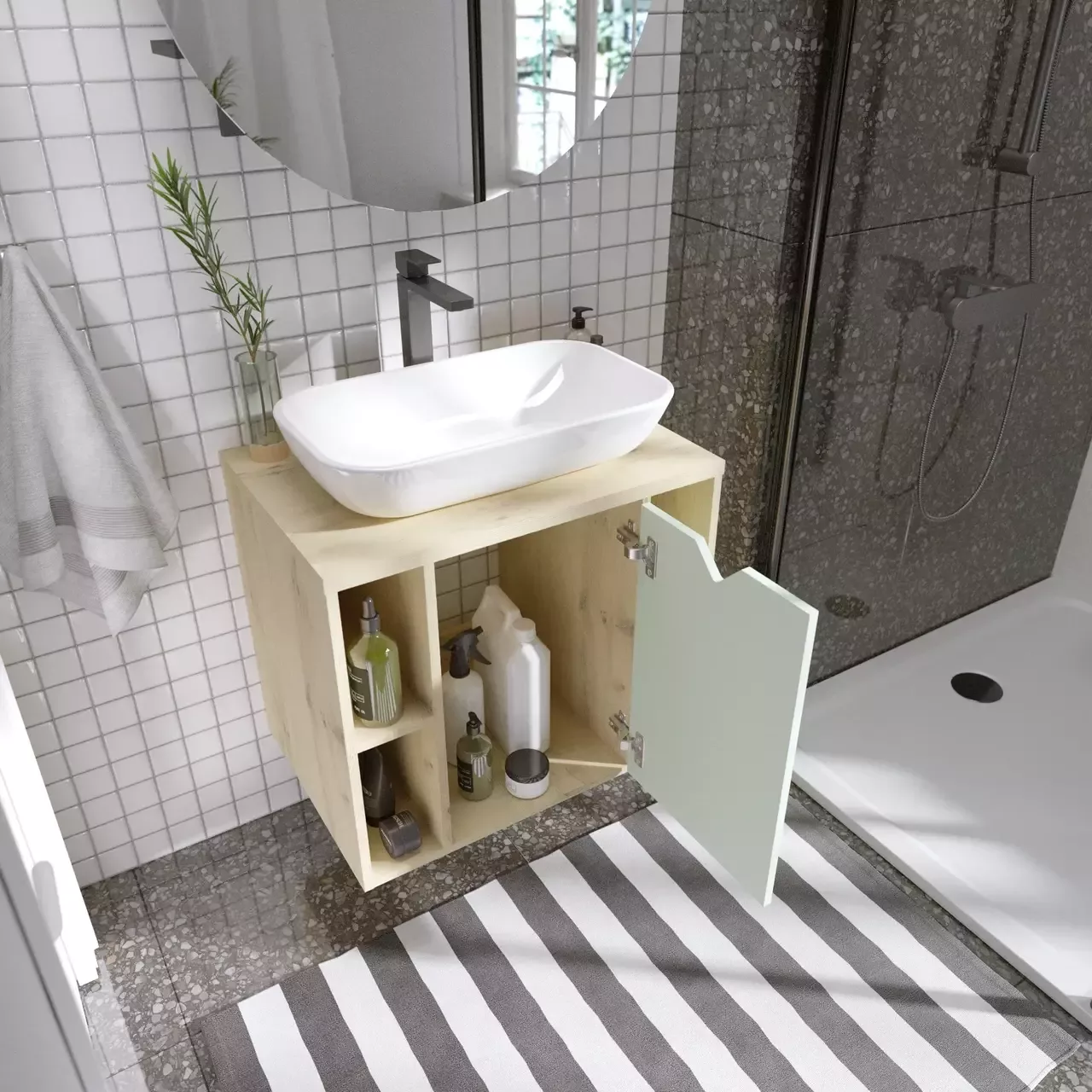 Тумба подвесная 1Marka Delta 70П с раковиной Infinity 60, 1 дверь, мята софт