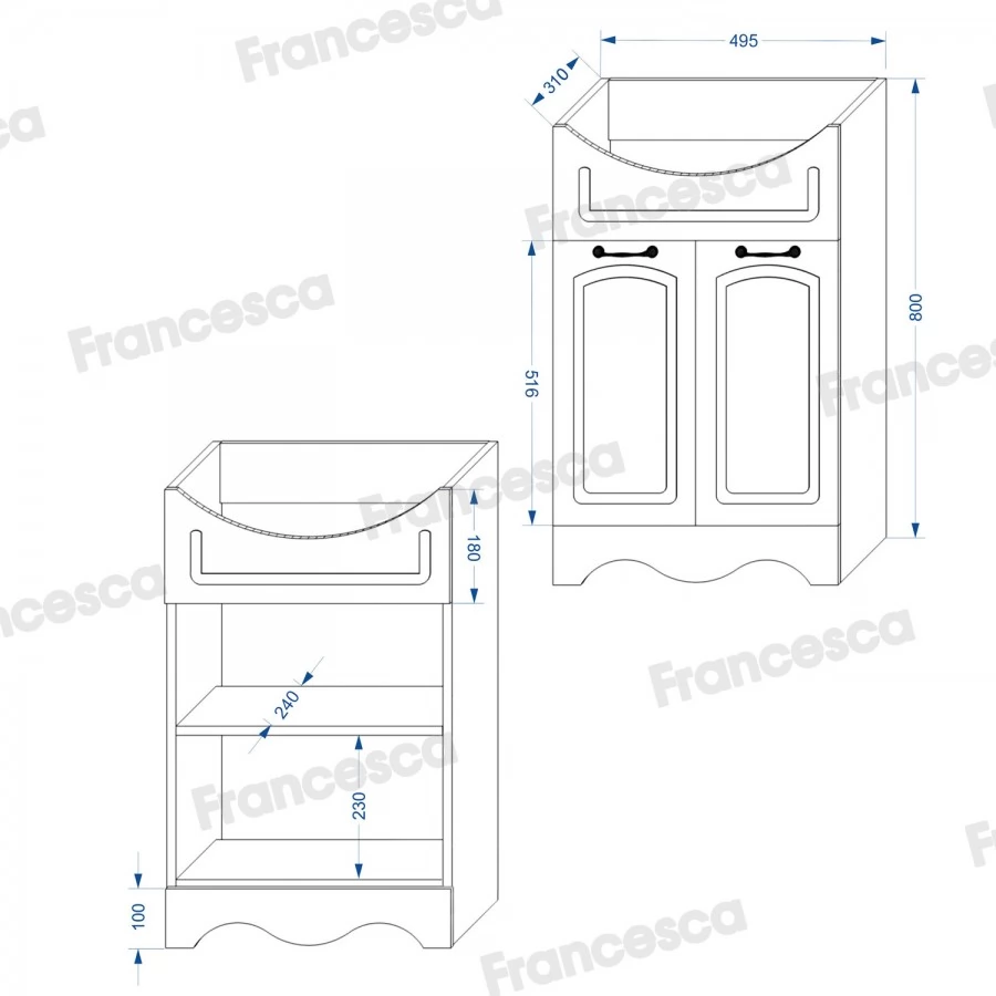 Тумба с раковиной Francesca Империя 50 напольная, 2 двери, белая