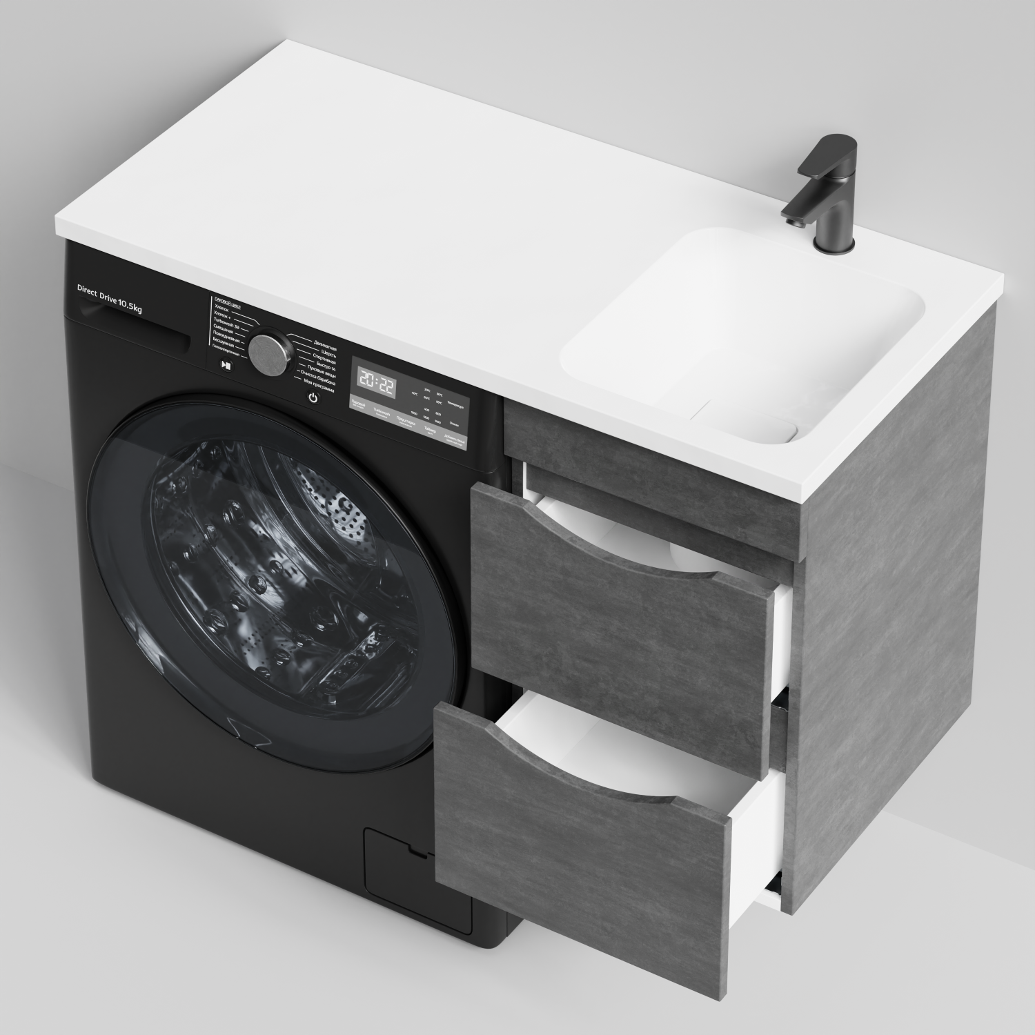 Тумба Vod-ok 38 с раковиной Смайл 100 подвесная, под стиральную машину, правая, Серый камень