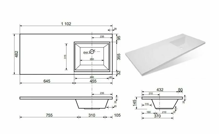 Тумба напольная Style Line Даллас 110 Люкс Plus Эмаль с раковиной Даллас 110 R под стиральную машину, два ящика, правая, белая