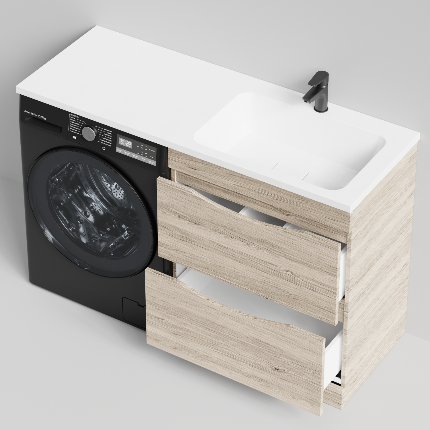 Тумба Vod-ok 68 с раковиной Смайл 130 напольная, под стиральную машину, правая, Дубослив ореховый светлый