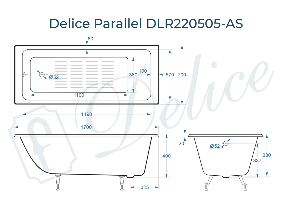 Ванна чугунная Delice Parallel 170х70 DLR220505-AS с антискользящим покрытием