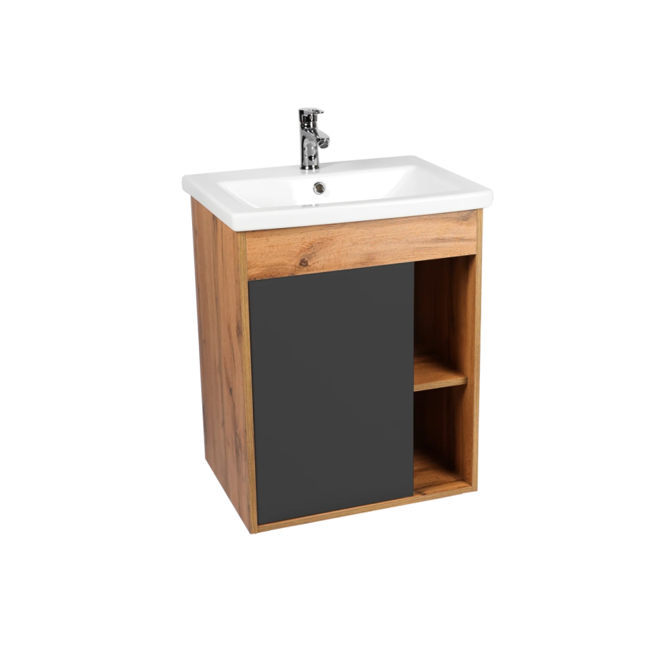 Тумба подвесная Viant Бостон 50 с раковиной Como 50, 1 дверь, графит/дуб вотан