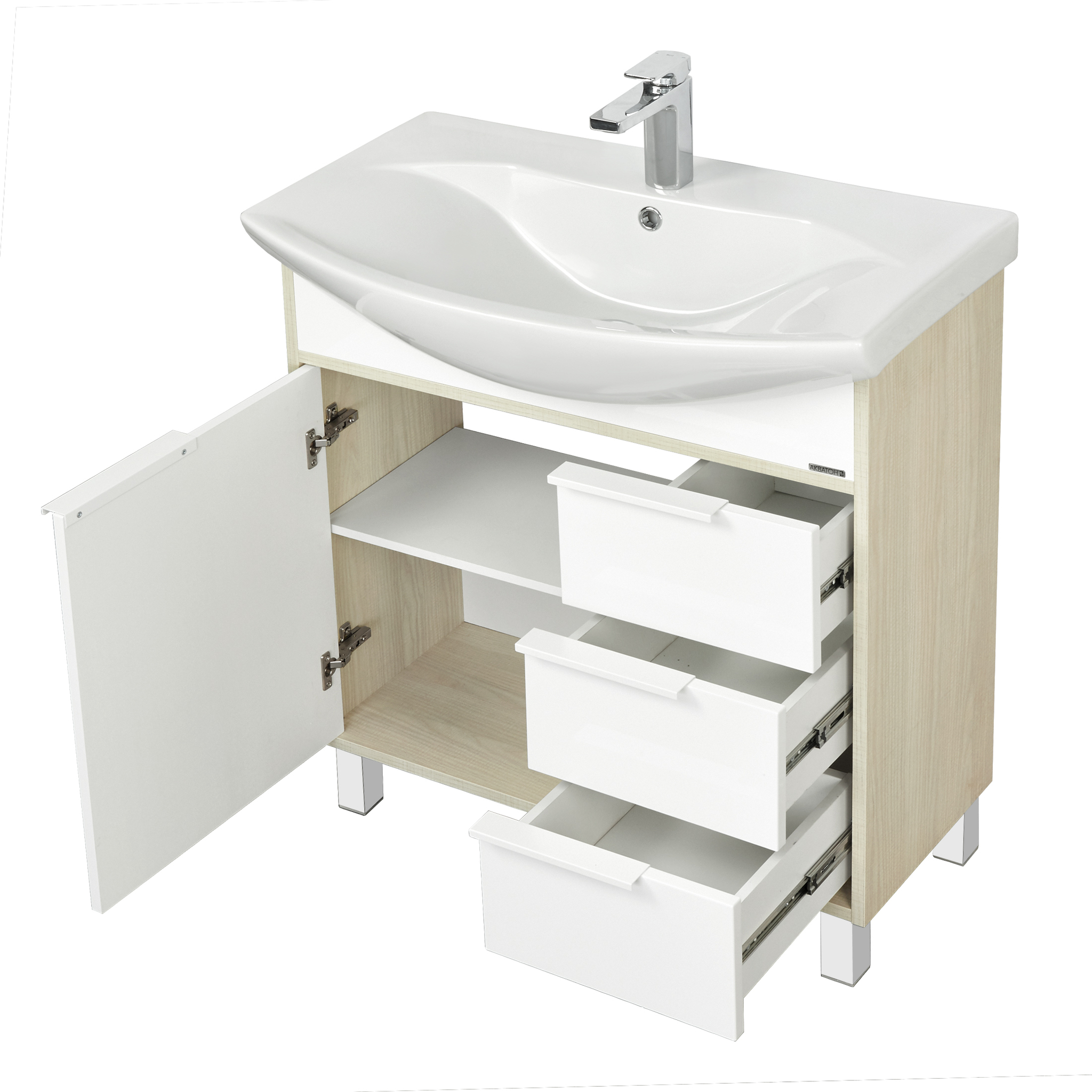 Тумба с раковиной Aquaton Рико 80 с раковиной Смайл 80 напольная, белый/ясень фабрик