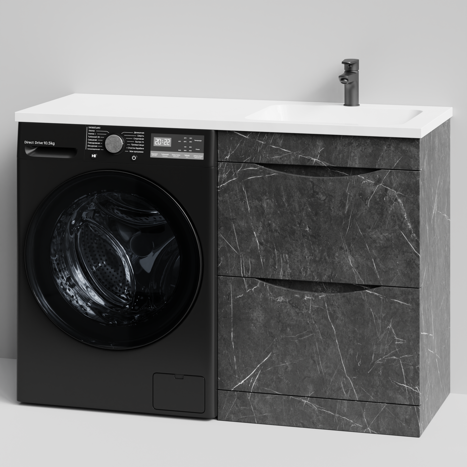Тумба Vod-ok 58 с раковиной Смайл 120 напольная, под стиральную машину, правая, Мрамор Графит софт тач