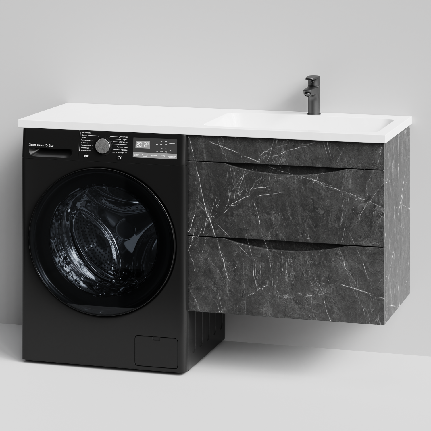 Тумба Vod-ok 68 с раковиной Смайл 130 подвесная, под стиральную машину, правая, Мрамор Графит софт тач