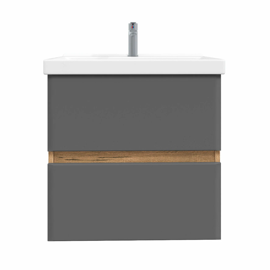 Тумба подвесная SanStar Graffa 60 с раковиной Фостер 60 Дуб вотан, графит софт