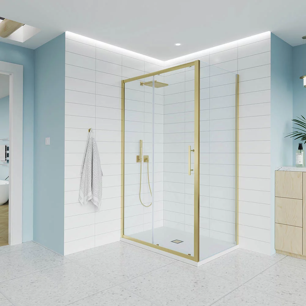 Душевой угол Veconi Evo 100SP G 1300х700x1950, золото брашинг, прозрачное стекло