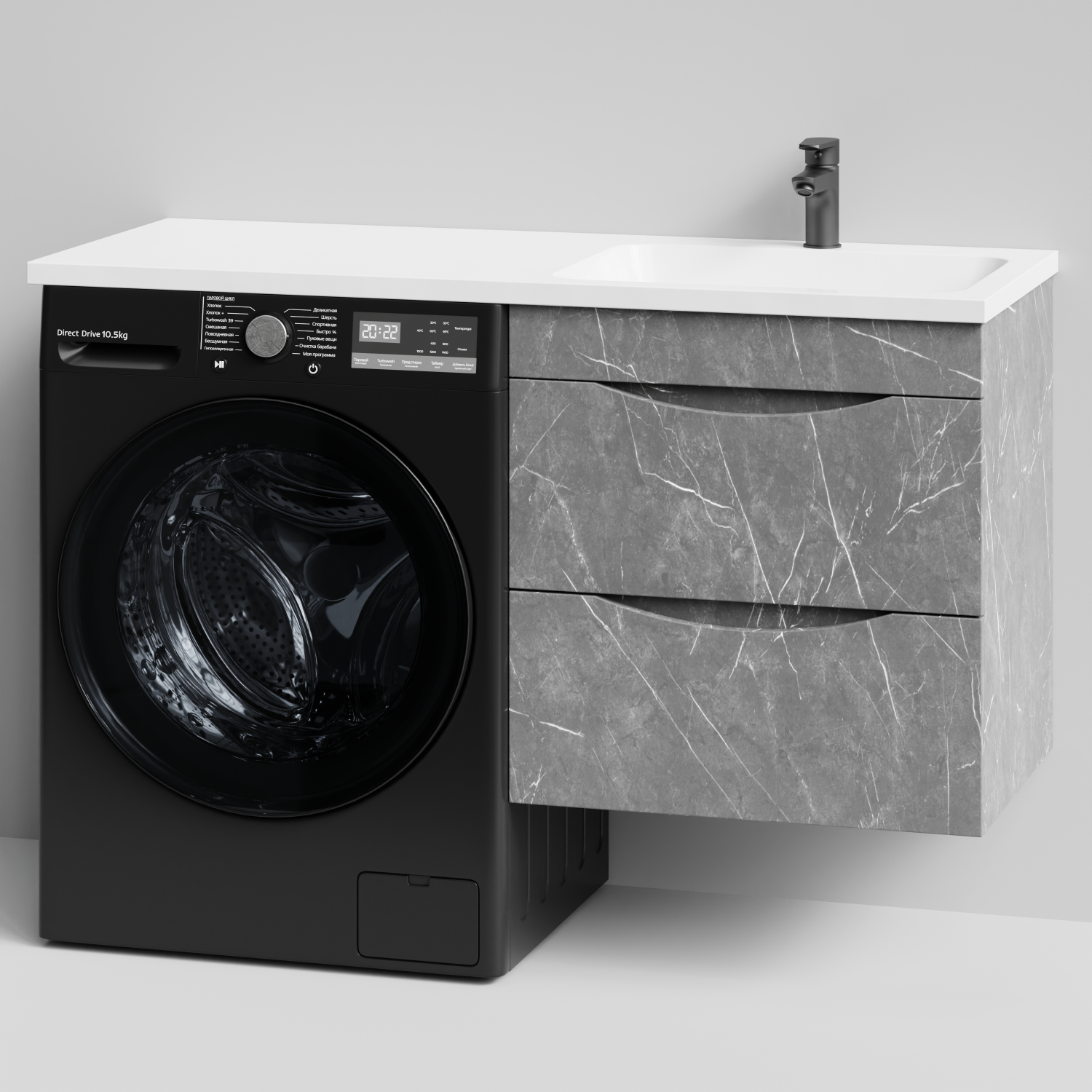 Тумба Vod-ok 58 с раковиной Смайл 120 подвесная, под стиральную машину, правая, Мрамор Серый софт тач