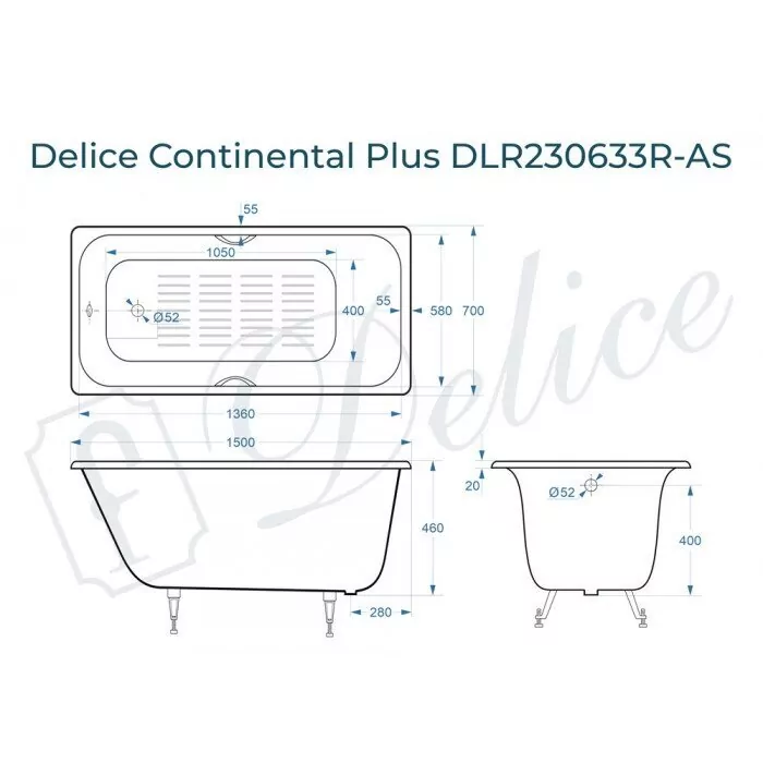 Ванна чугунная Delice Continental PLUS 150х70 DLR230633R-AS прямоугольная, с отверстиями под ручки и антискользящим покрытием