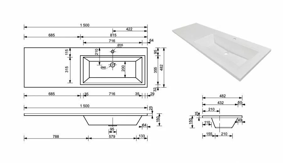 Тумба подвесная Style Line Даллас 150 люкс plus ПВХ с раковиной Даллас 150 под стиральную машину, 2 ящика, правая, белая