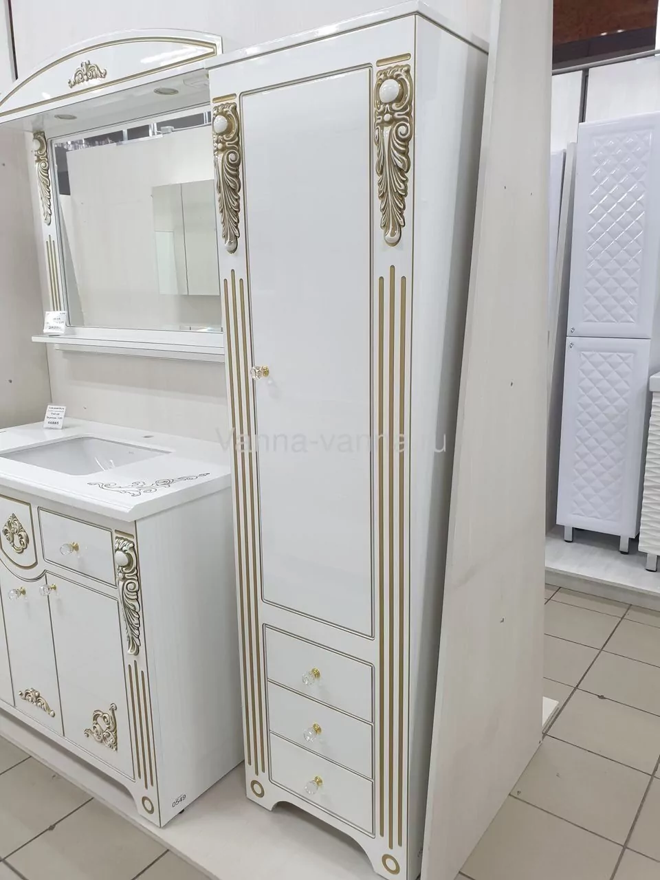 Пенал Vod-ok Elite Версаль 50 H152 L/R напольный, 1 дверь, белый, патина серебро/золото