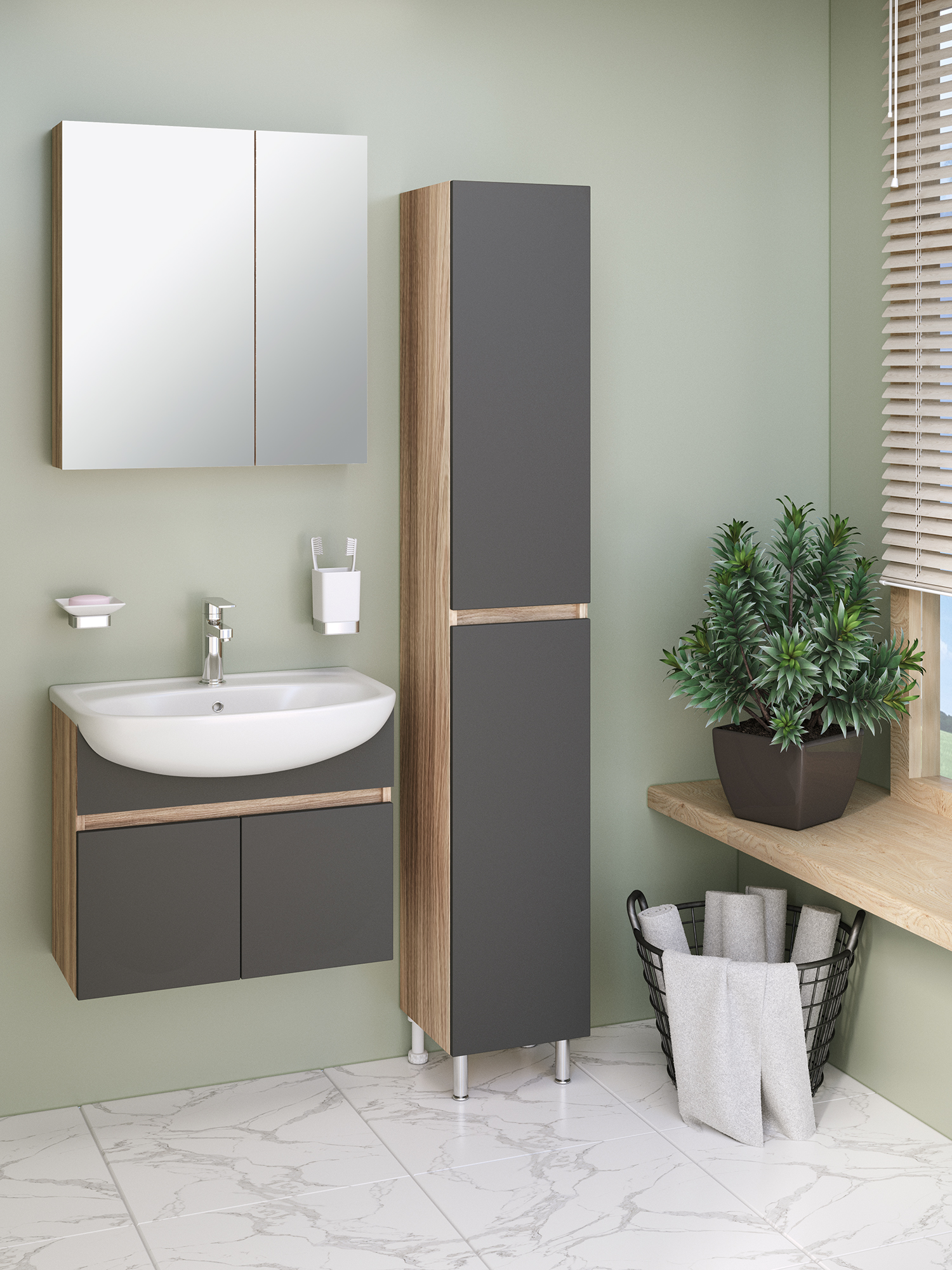 Тумба подвесная Runo Лада 60 графит/дуб серый с раковиной Уют 60