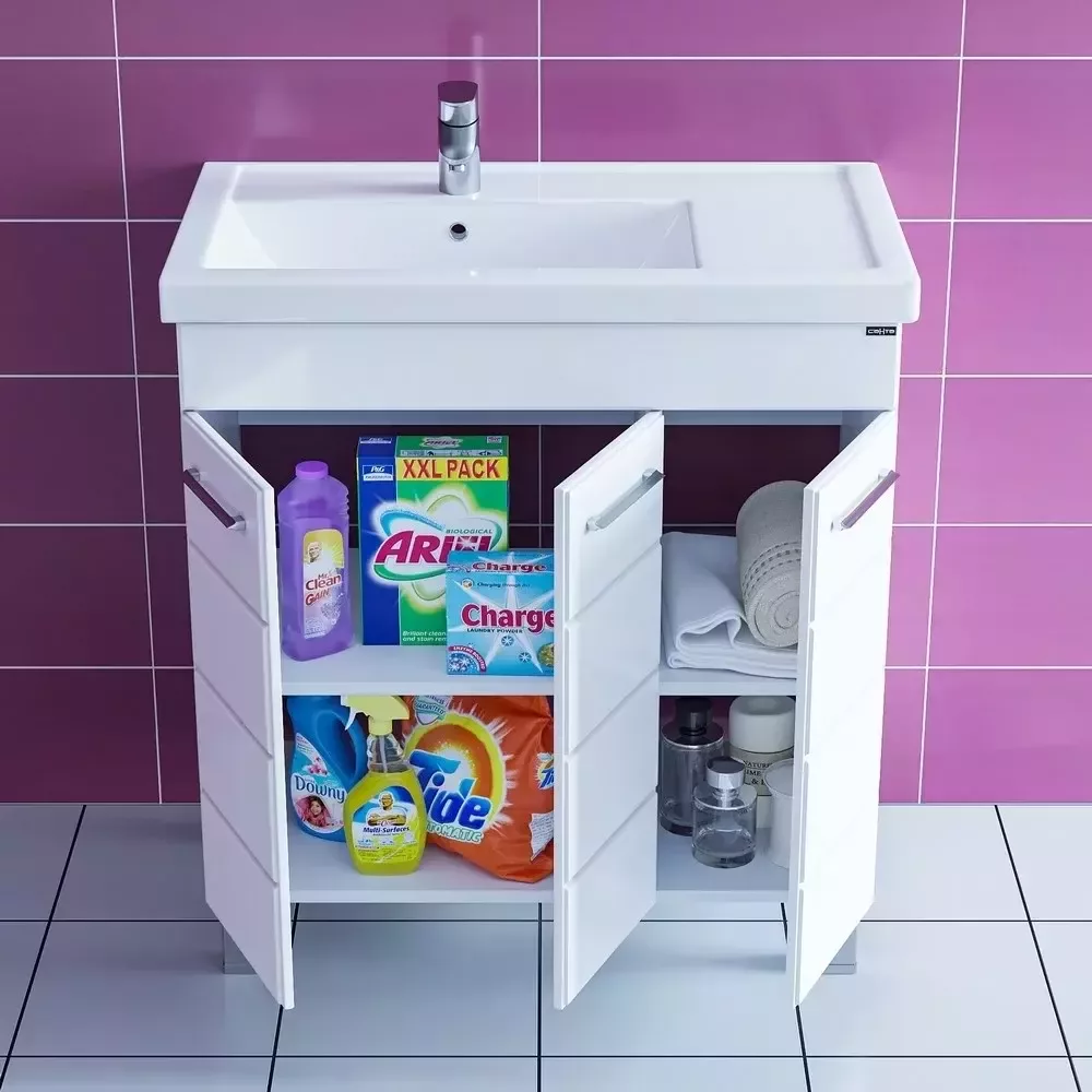 Тумба напольная Санта Омега 80 с раковиной со смещенной чашей Фостер 80П, белая