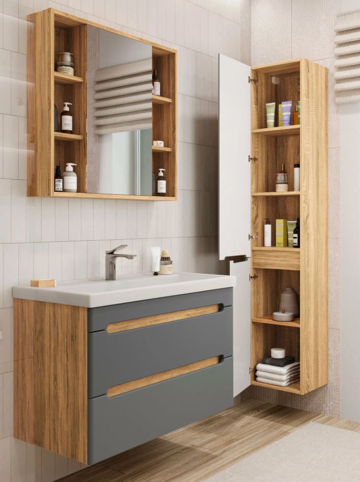 Тумба подвесная SanStar Diva 100 с раковиной Фостер 100, дуб вотан, графит софт