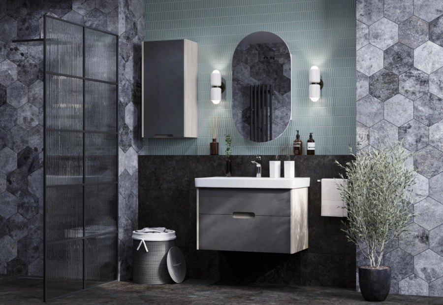 Тумба Aquaton Оливия 80 с раковиной Адриана 80 подвесная, 2 ящика, грей, дуб ойстер