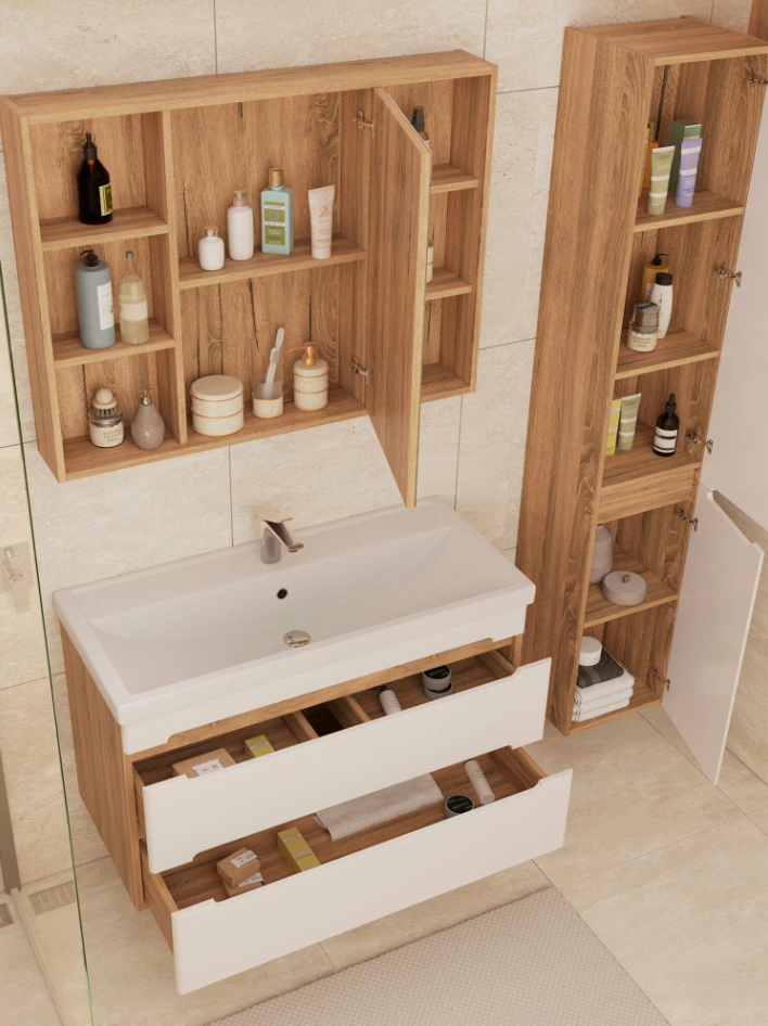 Тумба подвесная SanStar Diva 100 с раковиной Фостер 100белый, дуб вотан