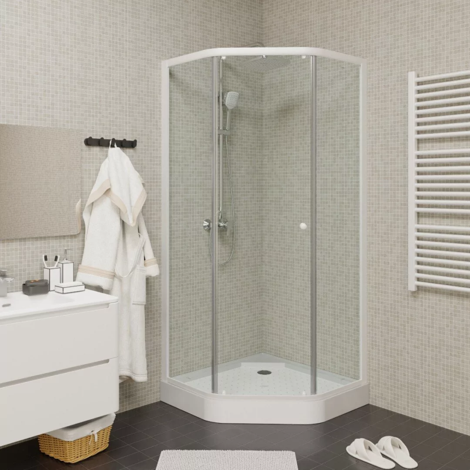 Душевой уголок Parly ZEP91 пятиугольный, с низким поддоном, прозрачное стекло, белый