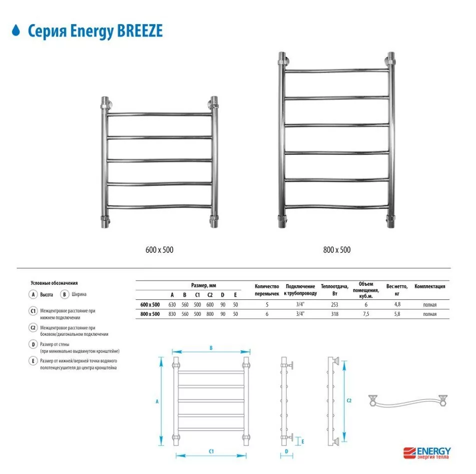 Полотенцесушитель водяной Energy Breeze 600x500 хром от магазина Vanna-Vanna.ru!
