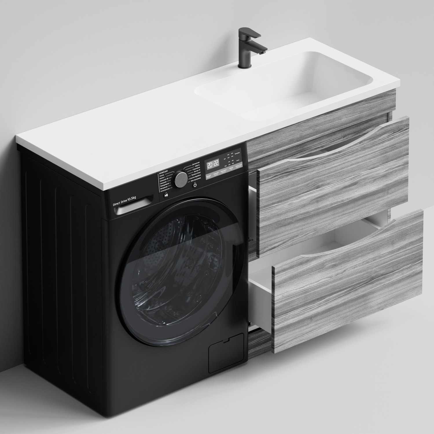 Тумба Vod-ok 68 с раковиной Смайл 130 напольная, под стиральную машину, правая, Лиственница структурная контрастно-серая