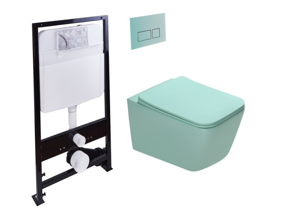 Унитаз подвесной SantiLine SL-5007T-LG+SL-01/LG с инсталляцией и кнопкой, светло-зеленый матовый