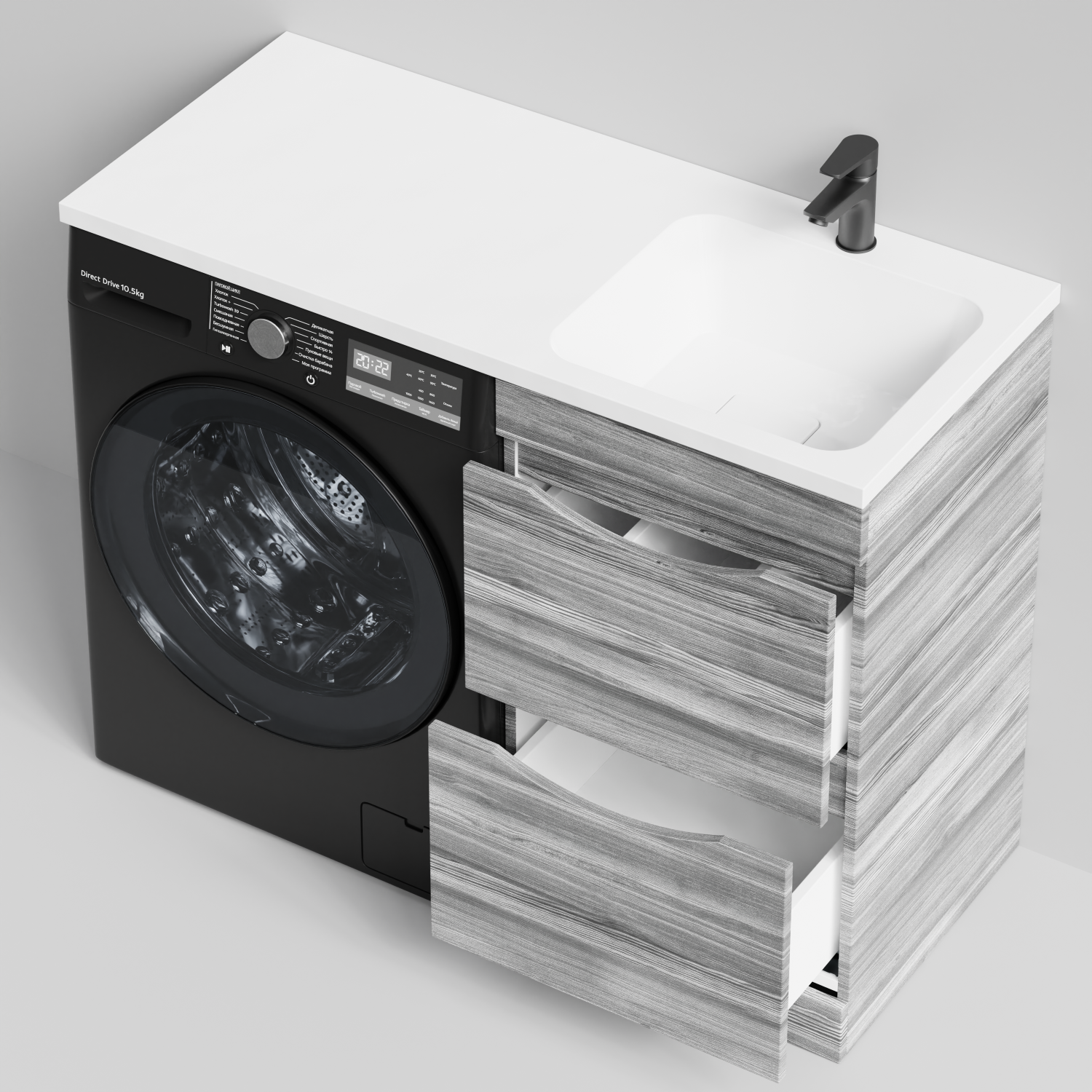 Тумба Vod-ok 48 с раковиной Смайл 110 напольная, под стиральную машину, правая, Лиственница структурная контрастно-серая