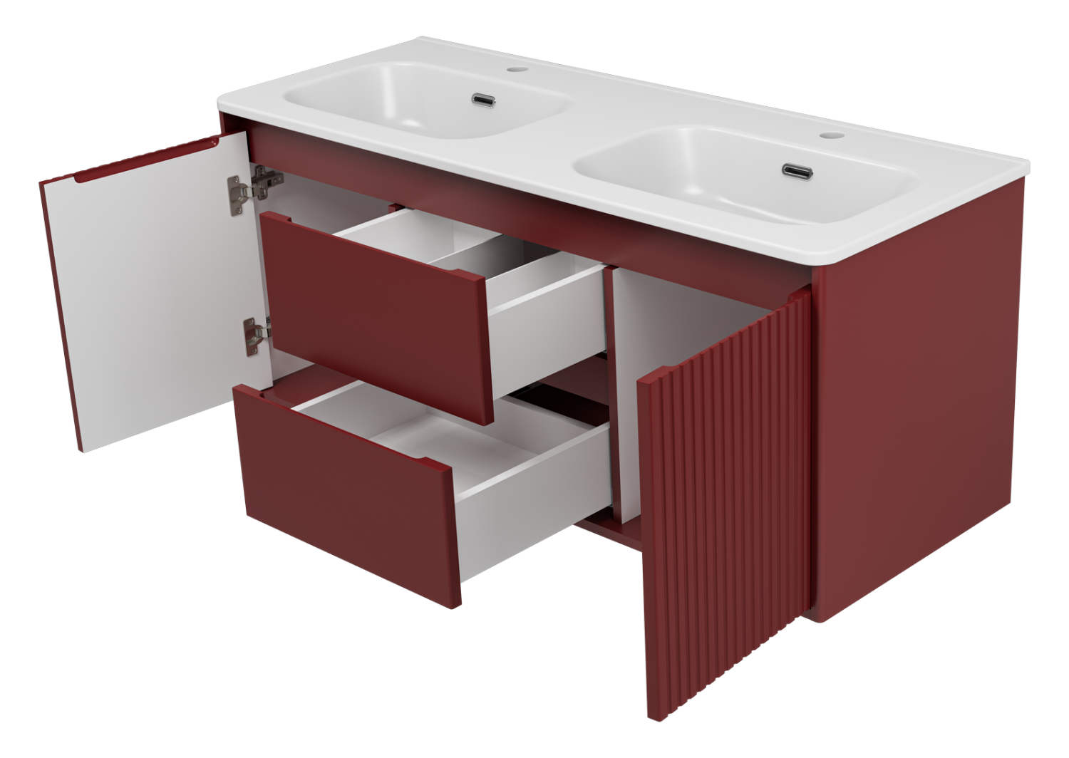 Тумба с раковиной Brevita Wine 120 подвесная (бордовая) с раковиной Brevita Onda 120 с двумя чашами