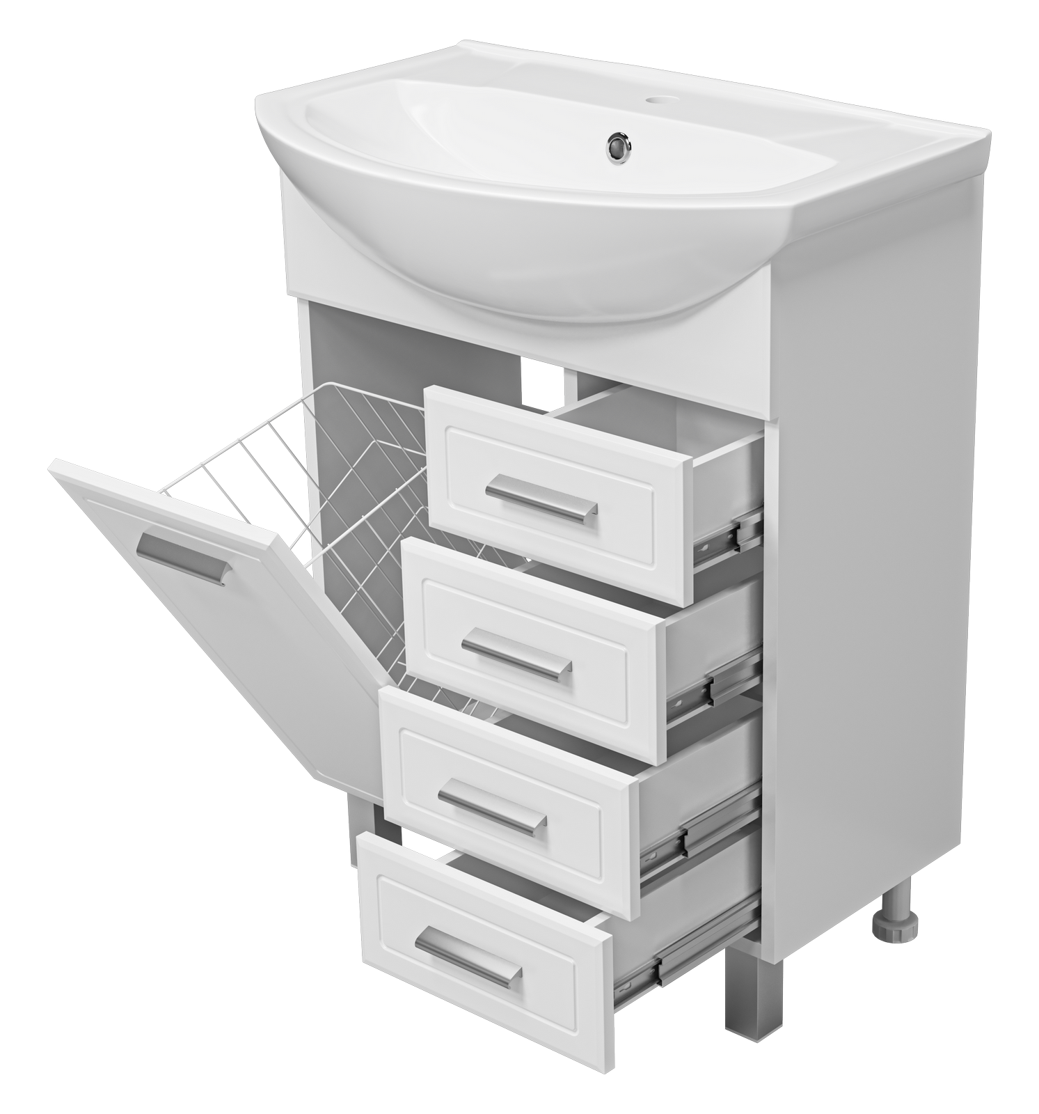 Тумба с раковиной Misty Стелла 65 с 4 ящиками и бельевой корзиной, белый