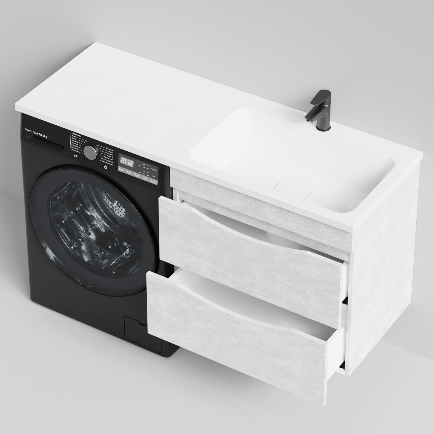 Тумба Vod-ok 68 с раковиной Смайл 130 подвесная, под стиральную машину, правая, Белый камень