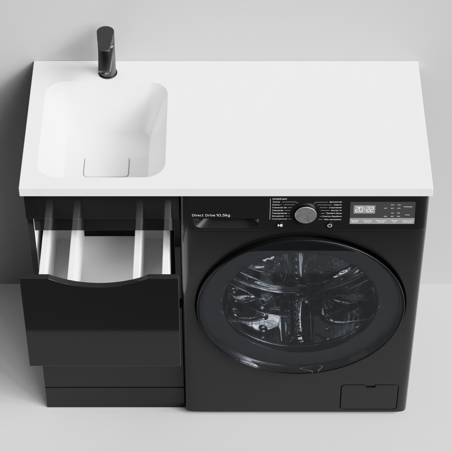 Тумба Vod-ok 38 с раковиной Смайл 100 напольная, под стиральную машину, левая, черный глянец