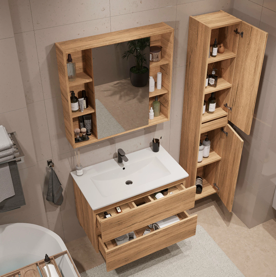 Тумба подвесная SanStar Lavanti 90 с раковиной Квадро 90,Дуб вотан