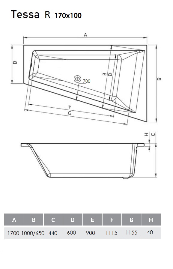 Ванна акриловая Vayer Tessa R 170х100
