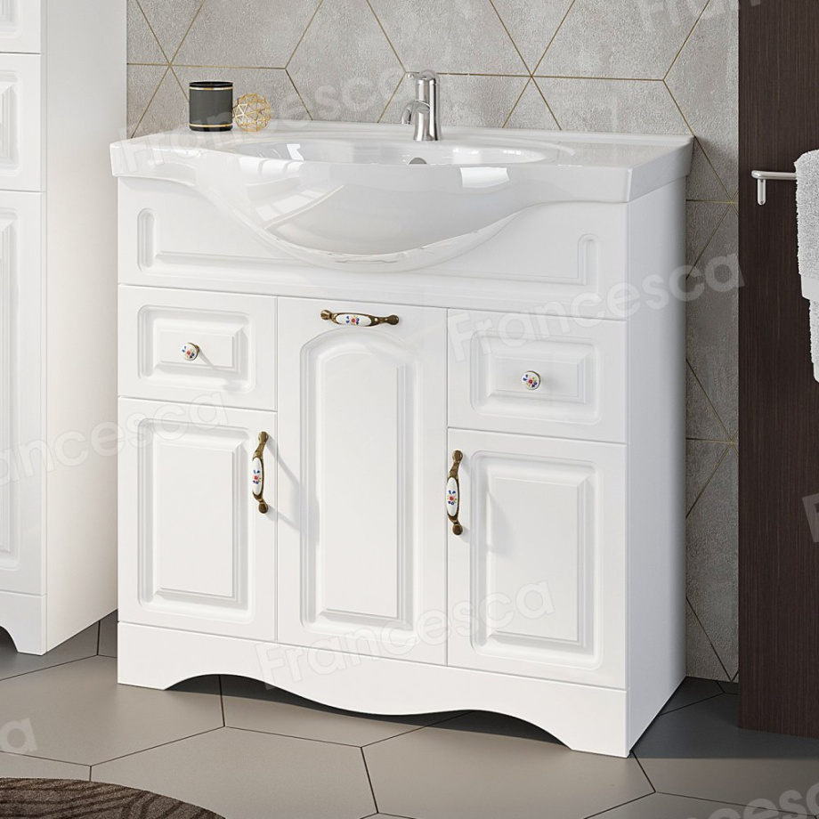 Тумба с раковиной Francesca Империя 85 напольная, 2 ящика, 3 двери, белый