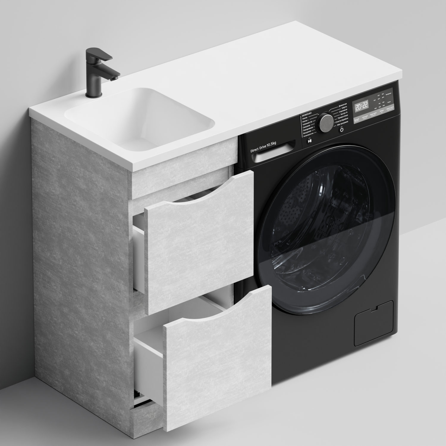 Тумба Vod-ok 38 с раковиной Смайл 100 напольная, под стиральную машину, левая, Белый камень