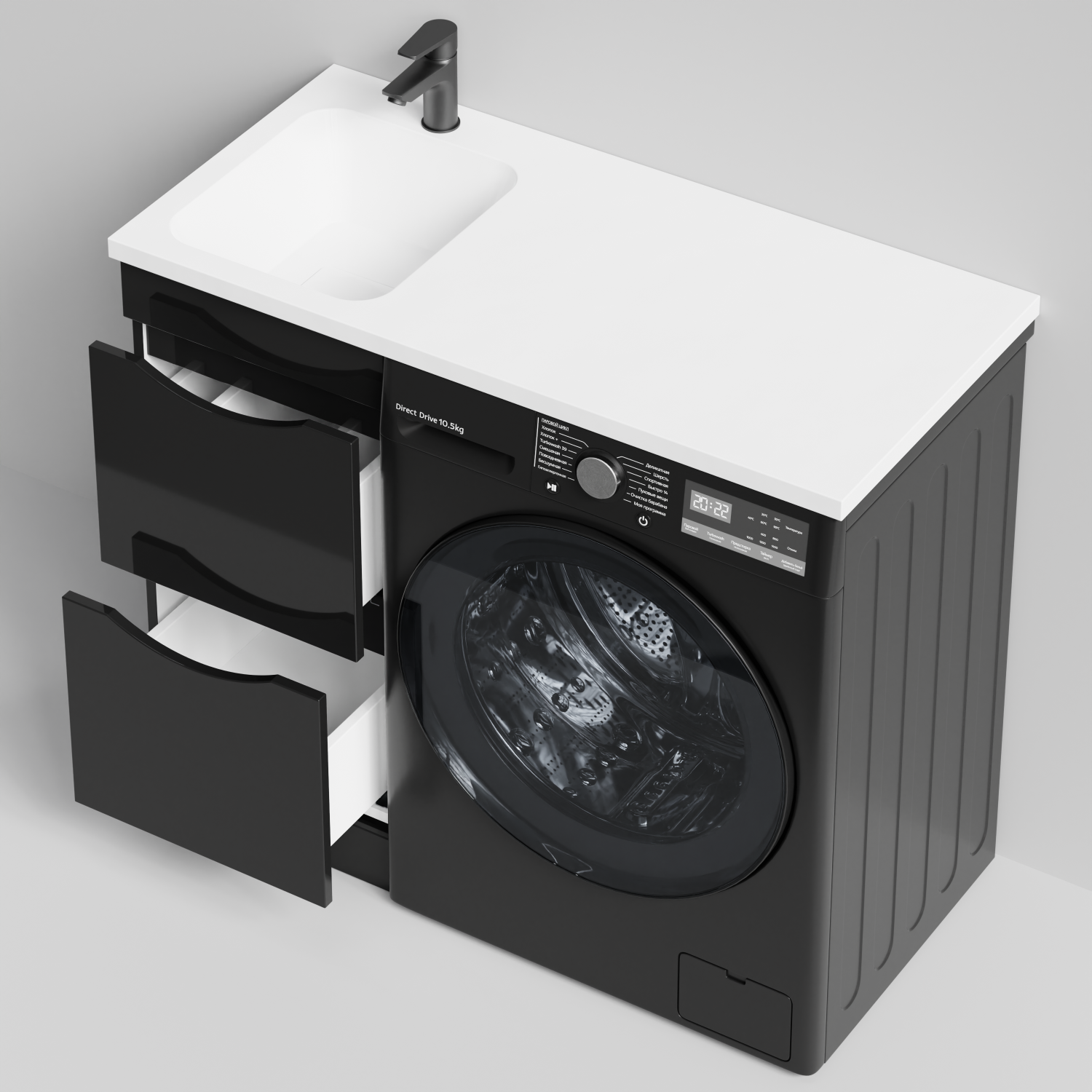 Тумба Vod-ok 38 с раковиной Смайл 100 напольная, под стиральную машину, левая, черный глянец