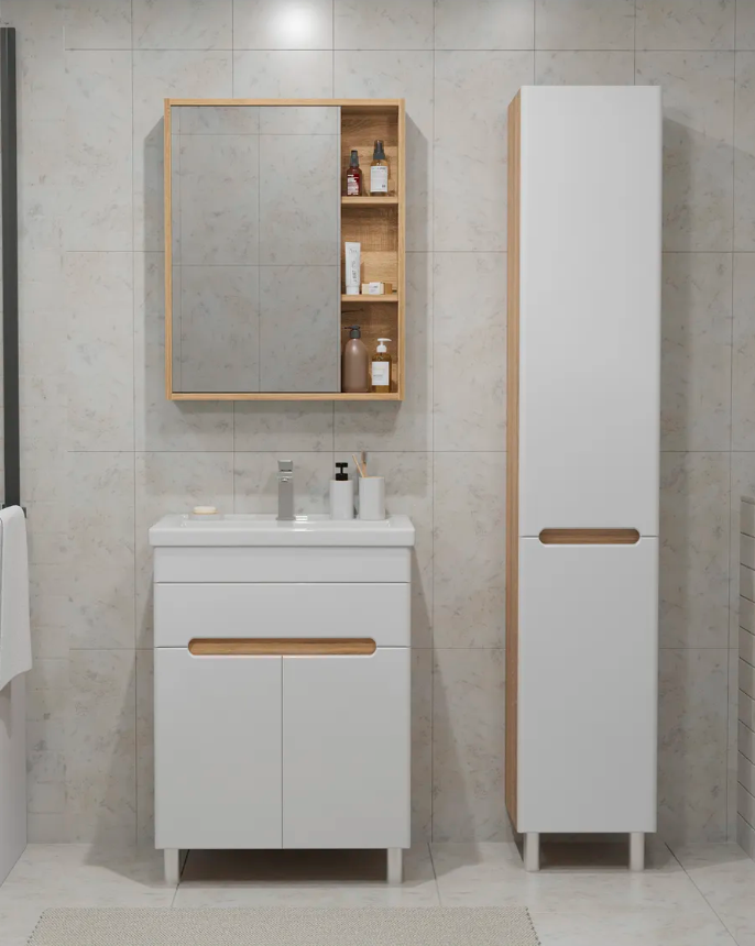 Тумба напольная SanStar Модена 60 с раковиной Фостер 60, белая, дуб вотан