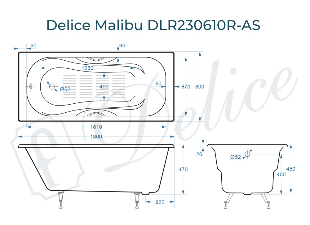 Ванна чугунная Delice Malibu 180х80 DLR230610R-AS с отверстиями под ручки и антискользящим покрытием