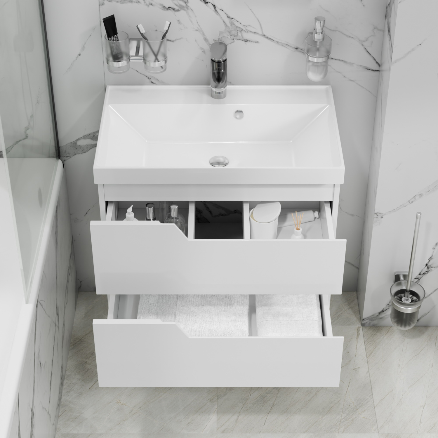 Тумба подвесная Санта Антарес 70 с раковиной Астория 70, 2 ящика, белый