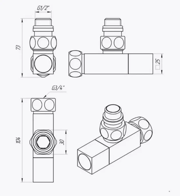 Кран для полотенцесушителя / вентиль угловой Energy, 1/2'' - 3/4'', цвет хром, ручка квадрат - 2 шт.