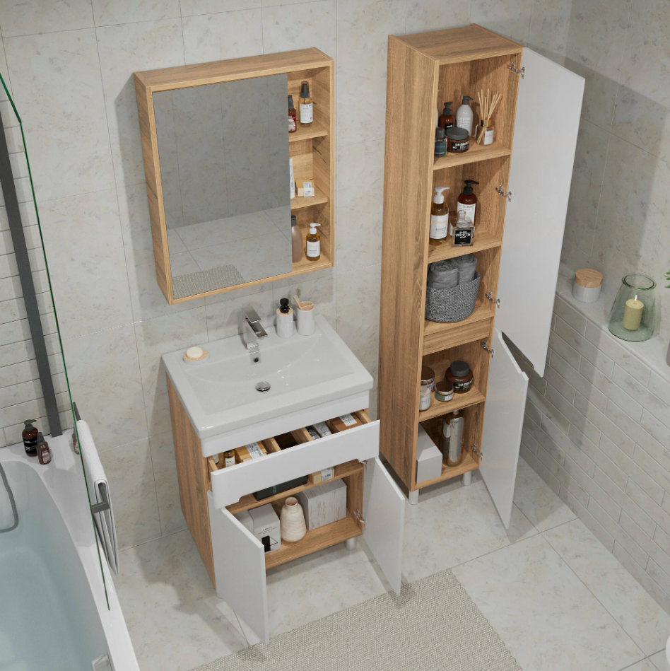 Тумба напольная SanStar Модена 50 с раковиной Фостер 50, белая, дуб вотан