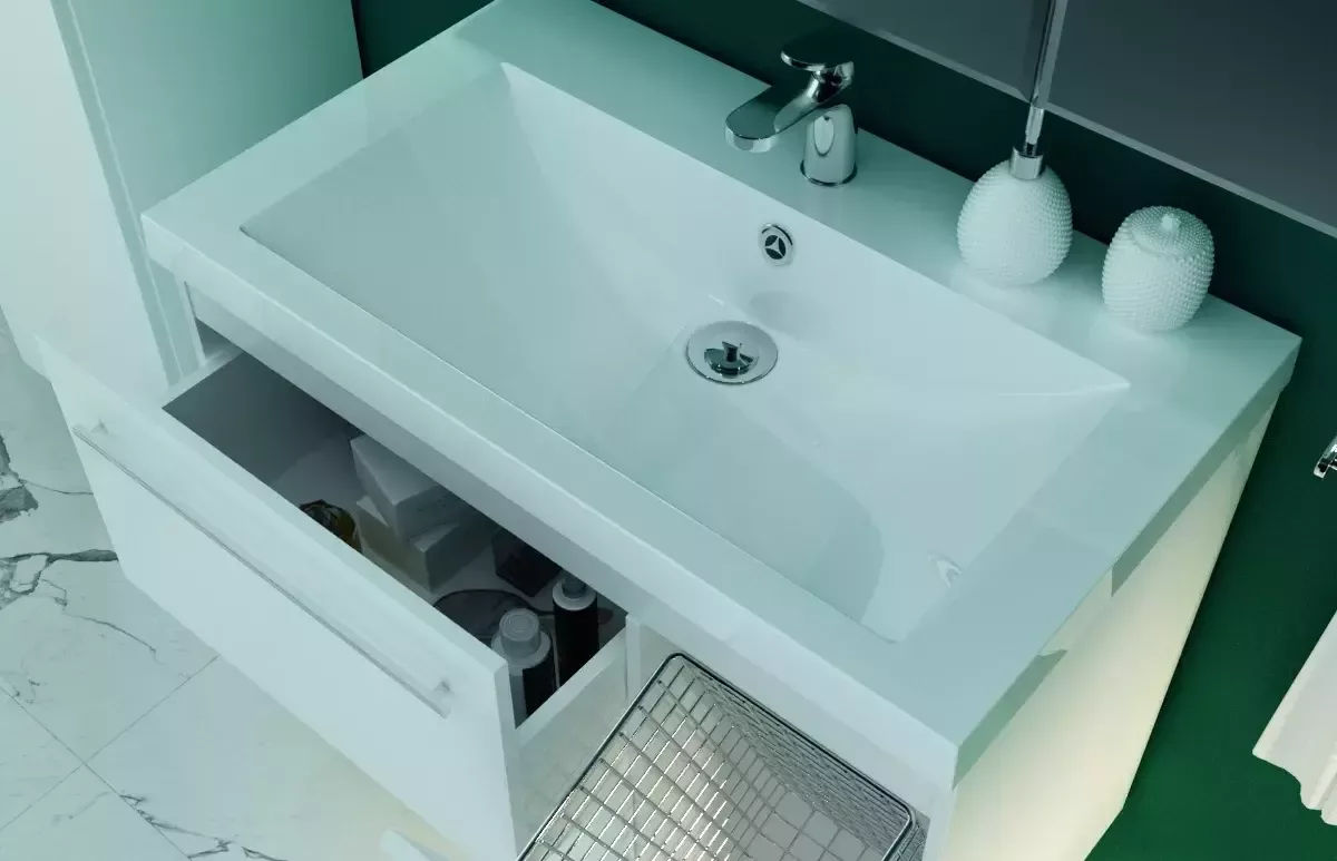 Тумба напольная 1Marka Соната 90Н с раковиной Нота New Polytitan 90, 1 дверь, 2 ящика, белый