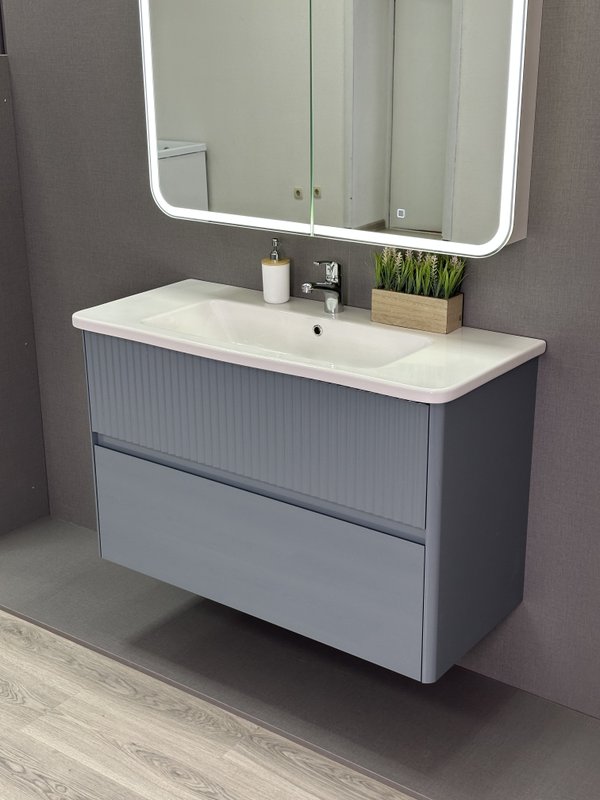 Тумба подвесная Alavann Wave 105 с раковиной Nikson 105, голубой деним