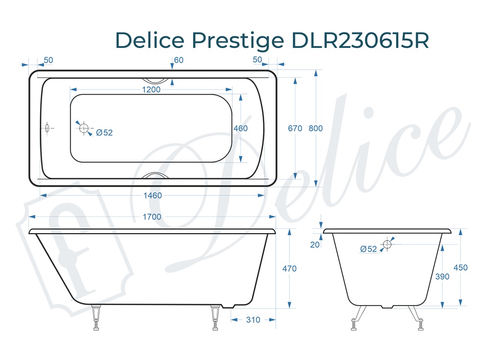 Ванна чугунная Delice Prestige 170х80 DLR230615R с отверстиями под ручки