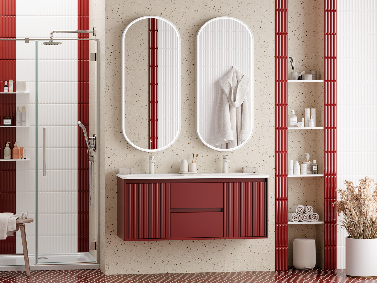 Тумба с раковиной Brevita Wine 120 подвесная (бордовая) с раковиной Brevita Onda 120 с двумя чашами