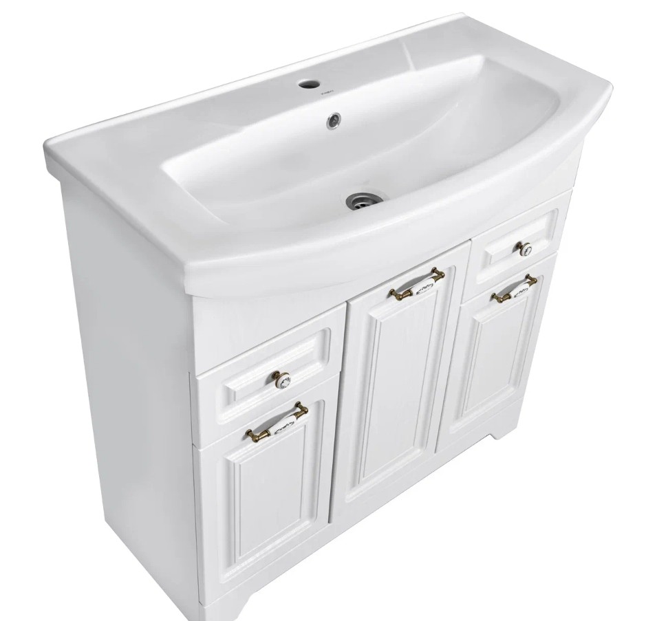 Тумба напольная Stella Polar Кармела 85 с раковиной Элеганс 85, 2 ящика, 3 двери, ольха белый