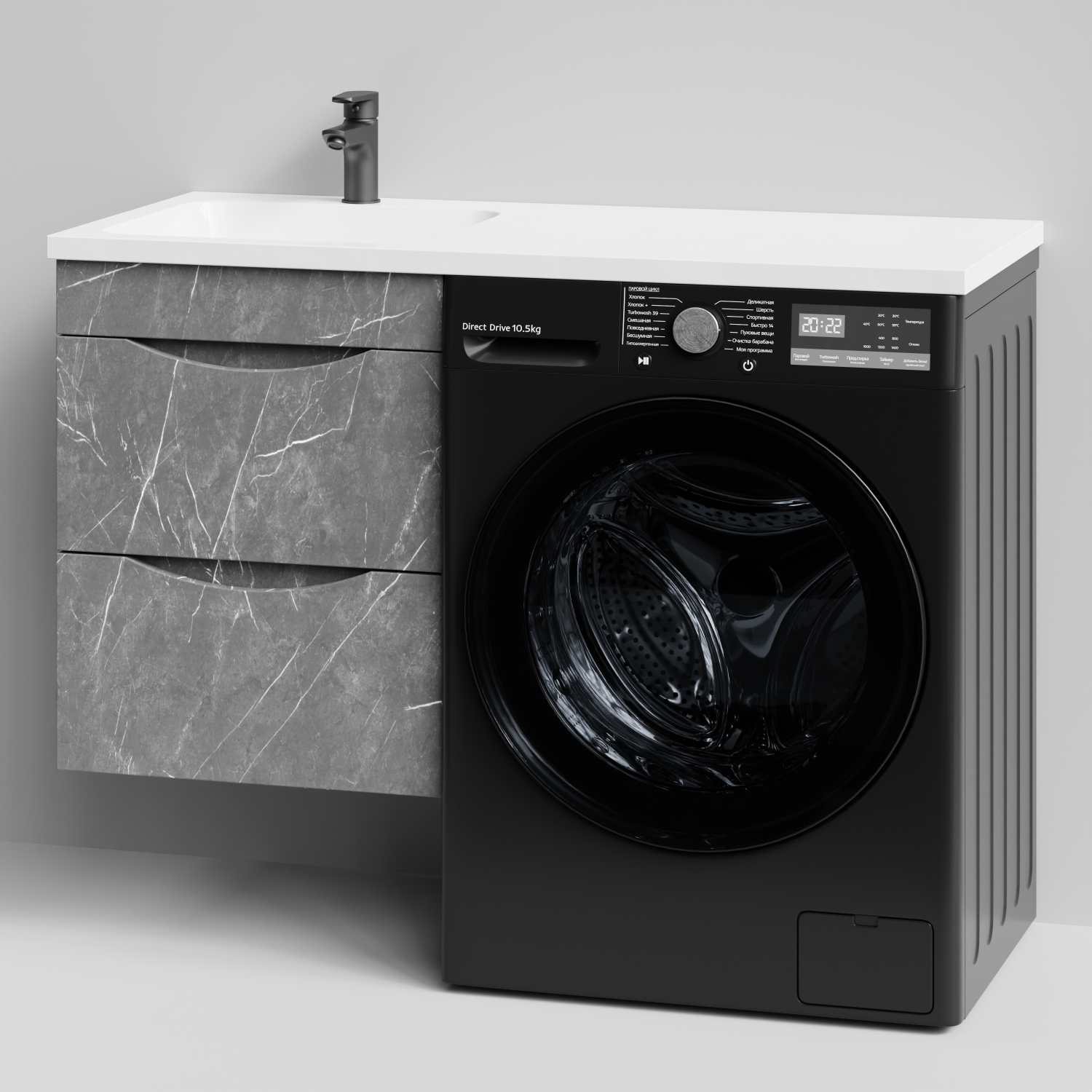 Тумба Vod-ok 48 с раковиной Смайл 110 подвесная, под стиральную машину, левая, Мрамор Серый софт тач