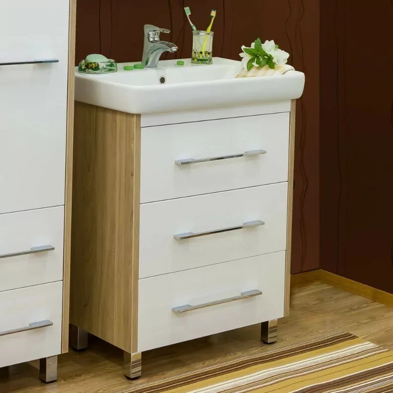 Тумба с раковиной Sanflor Ларго 60 напольная, белый/вяз швейцарский